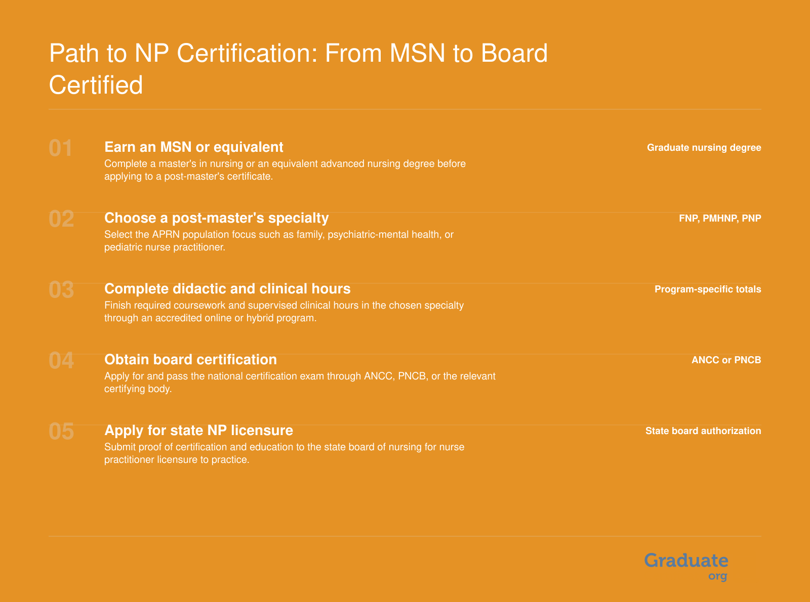 Step-by-step path from MSN degree and post-master's certificate through board certification and state NP licensure.